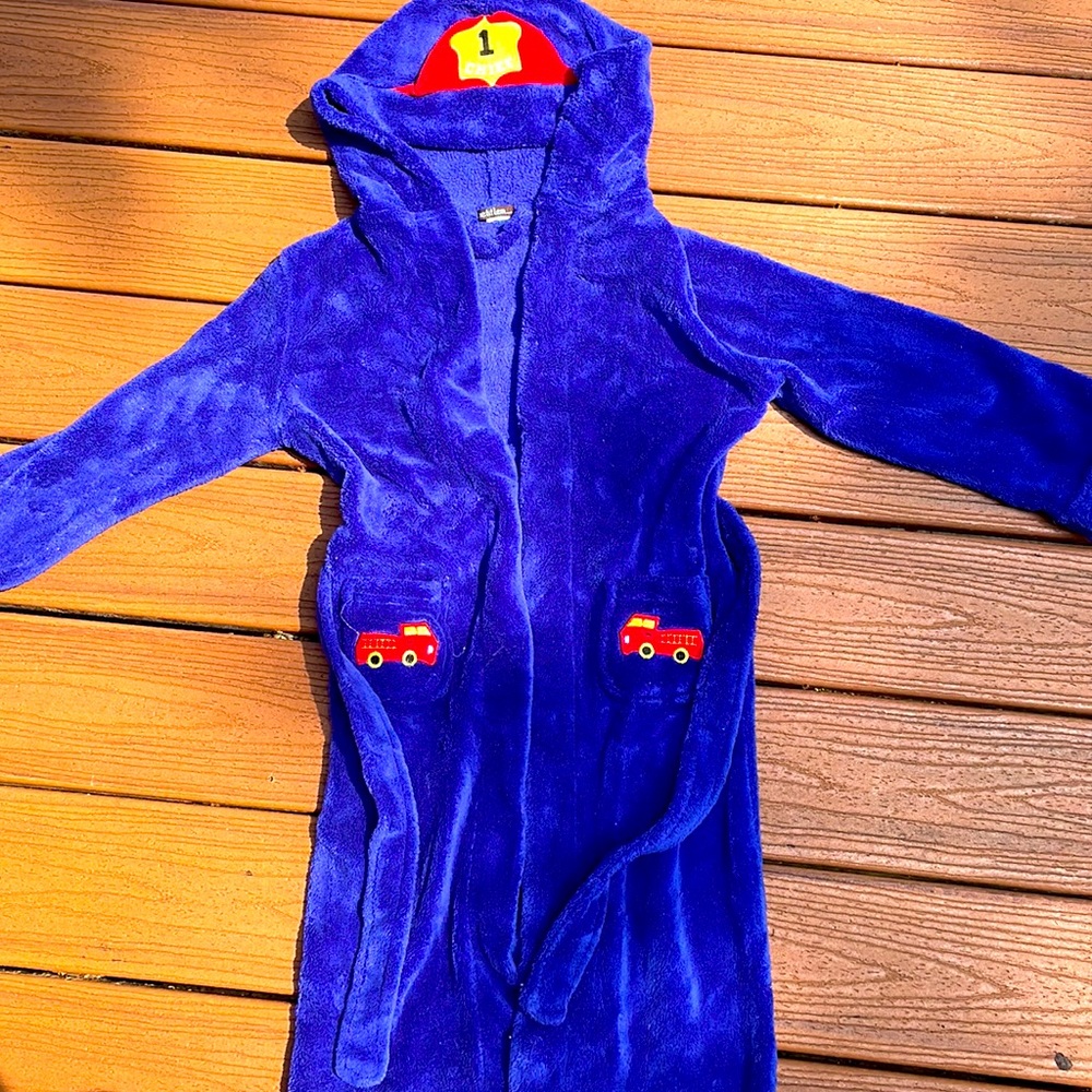 Fire chief cobalt blue robe with firetrucks and chief helmet logo